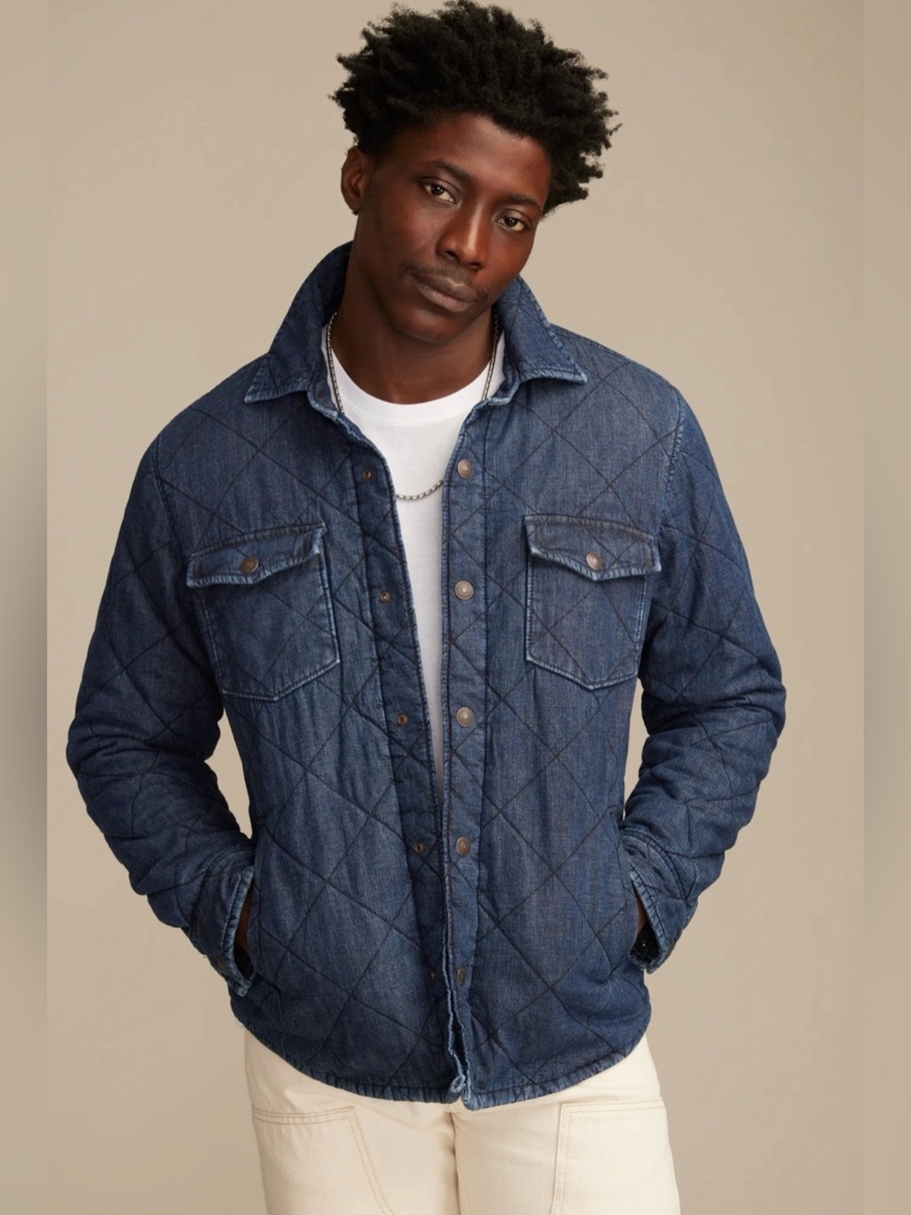 Lucky Brand Quilted Denim Jacket Mens L Renwick Blue NWT Snap Front